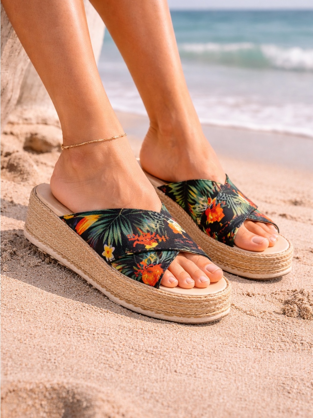 Tropical Floral Platform Espadrille Slides